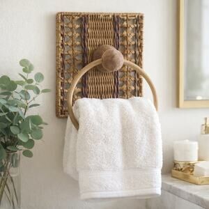 Vintage Rattan Towel Ring Wicker Wall Mount Organic Modern Bathroom